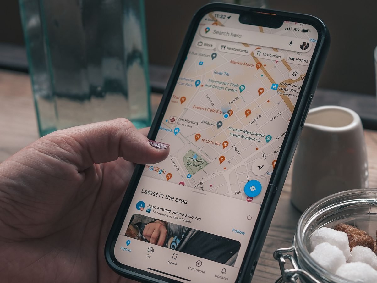 Phone showing a map with nearby business listings